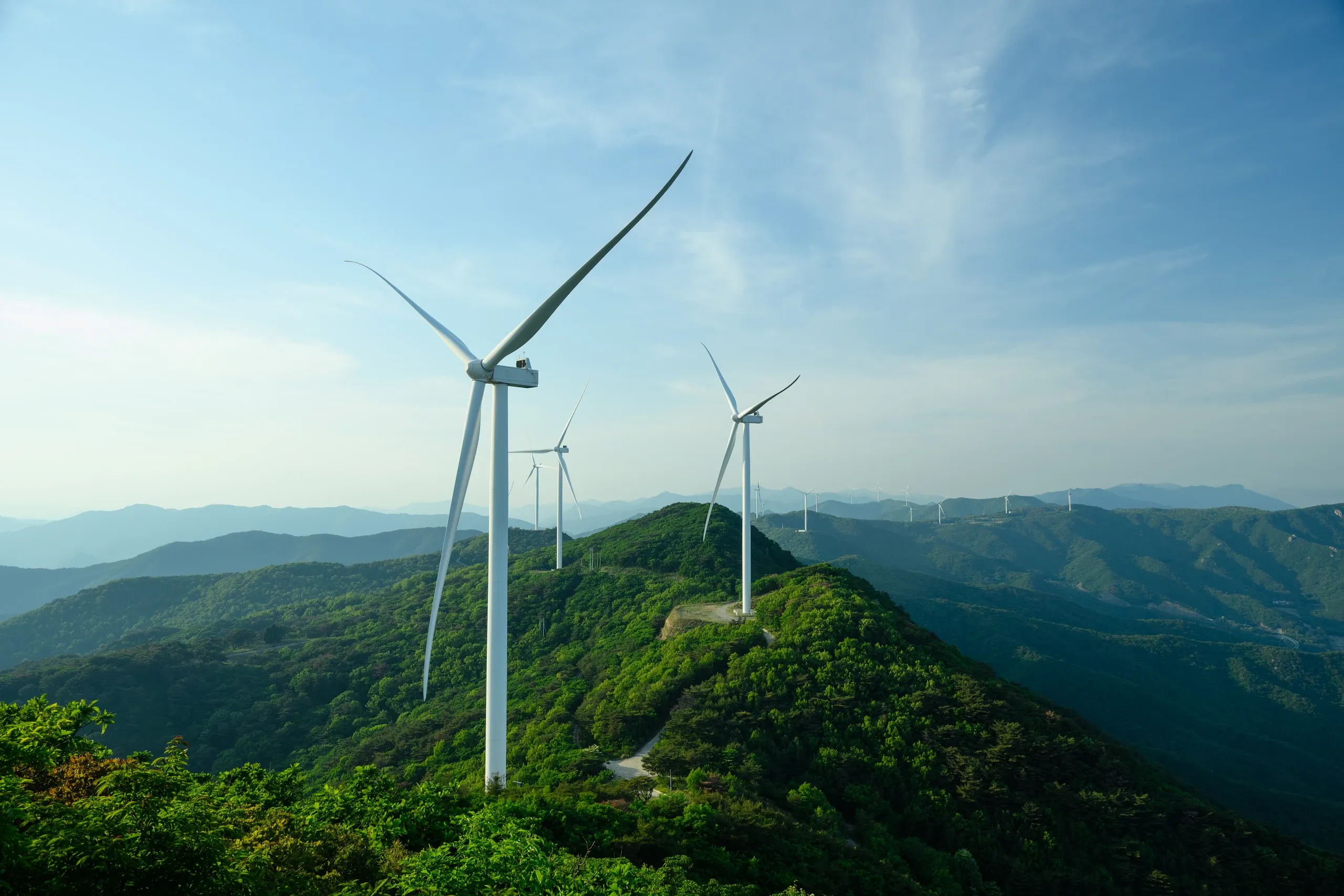 Wind turbines along a forested mountain ridge
